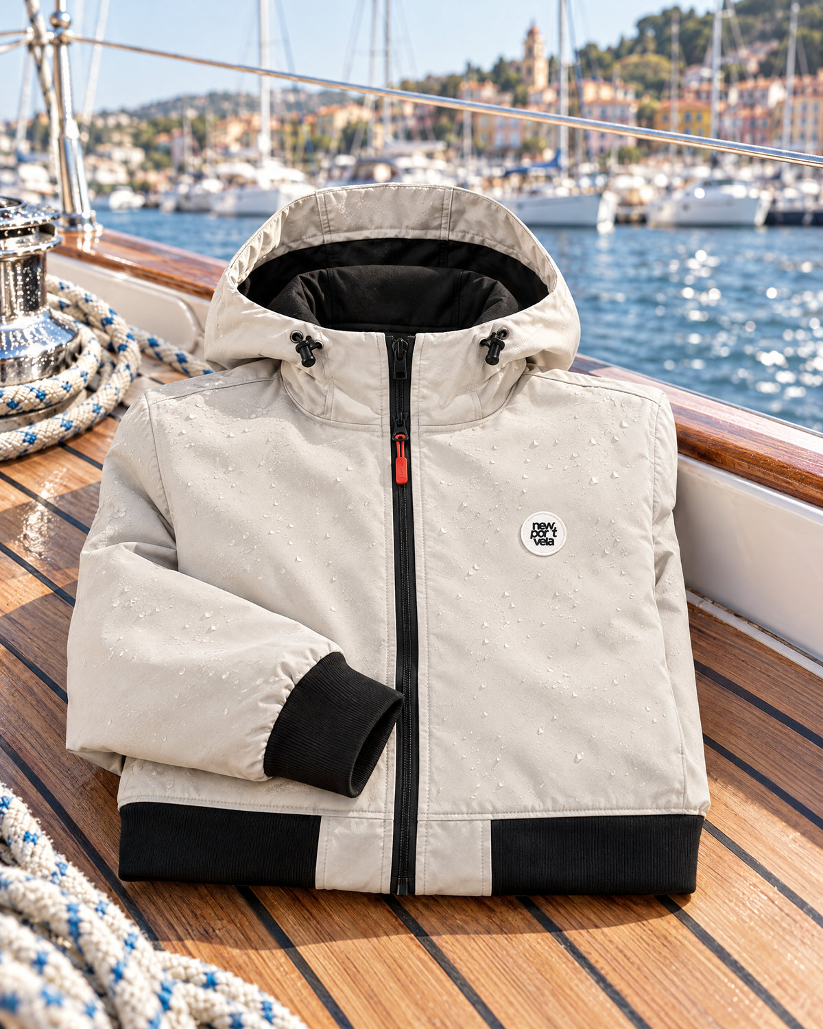 Beige London hooded jacket folded on the teak deck of a sailing boat, with water drops on the fabric