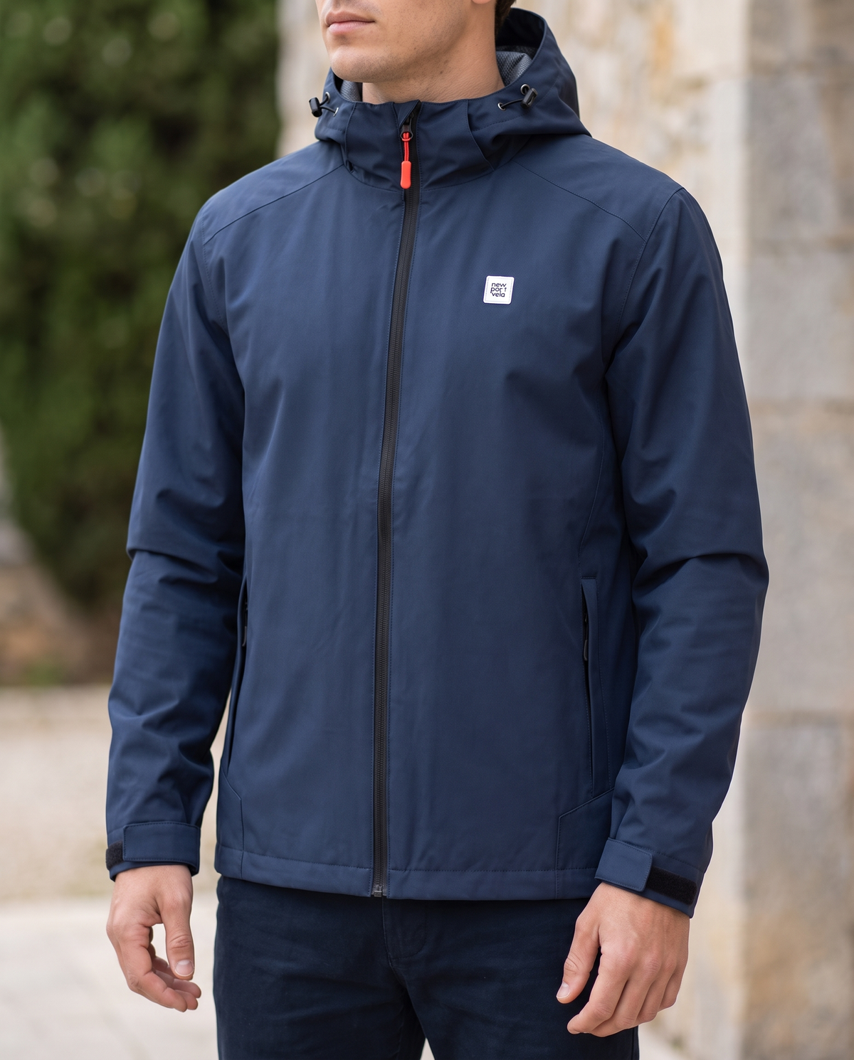 Sarbon Hooded Rain Jacket, Navy, on model
