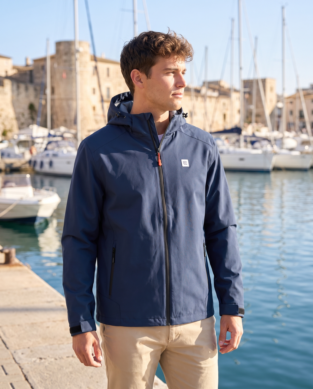Sarbon Hooded Rain Jacket, Navy, outdoors