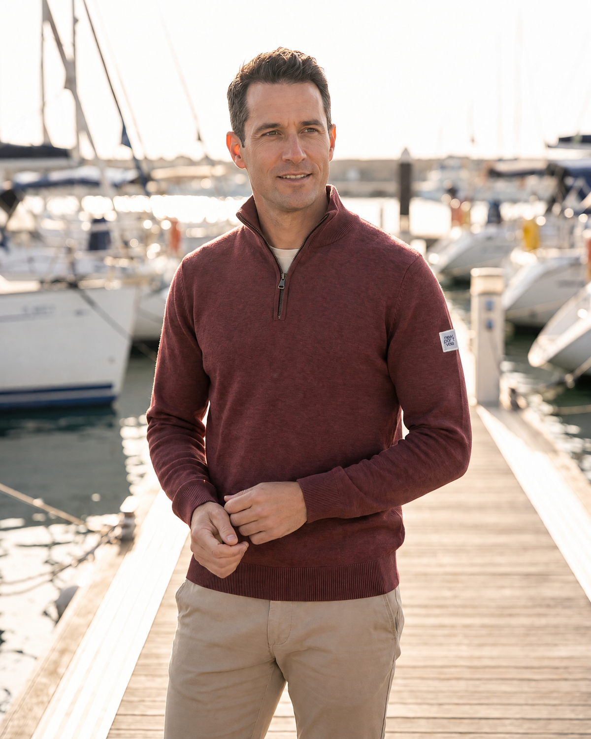 Camray Quarter-Zip Sweater, Burgundy, on model