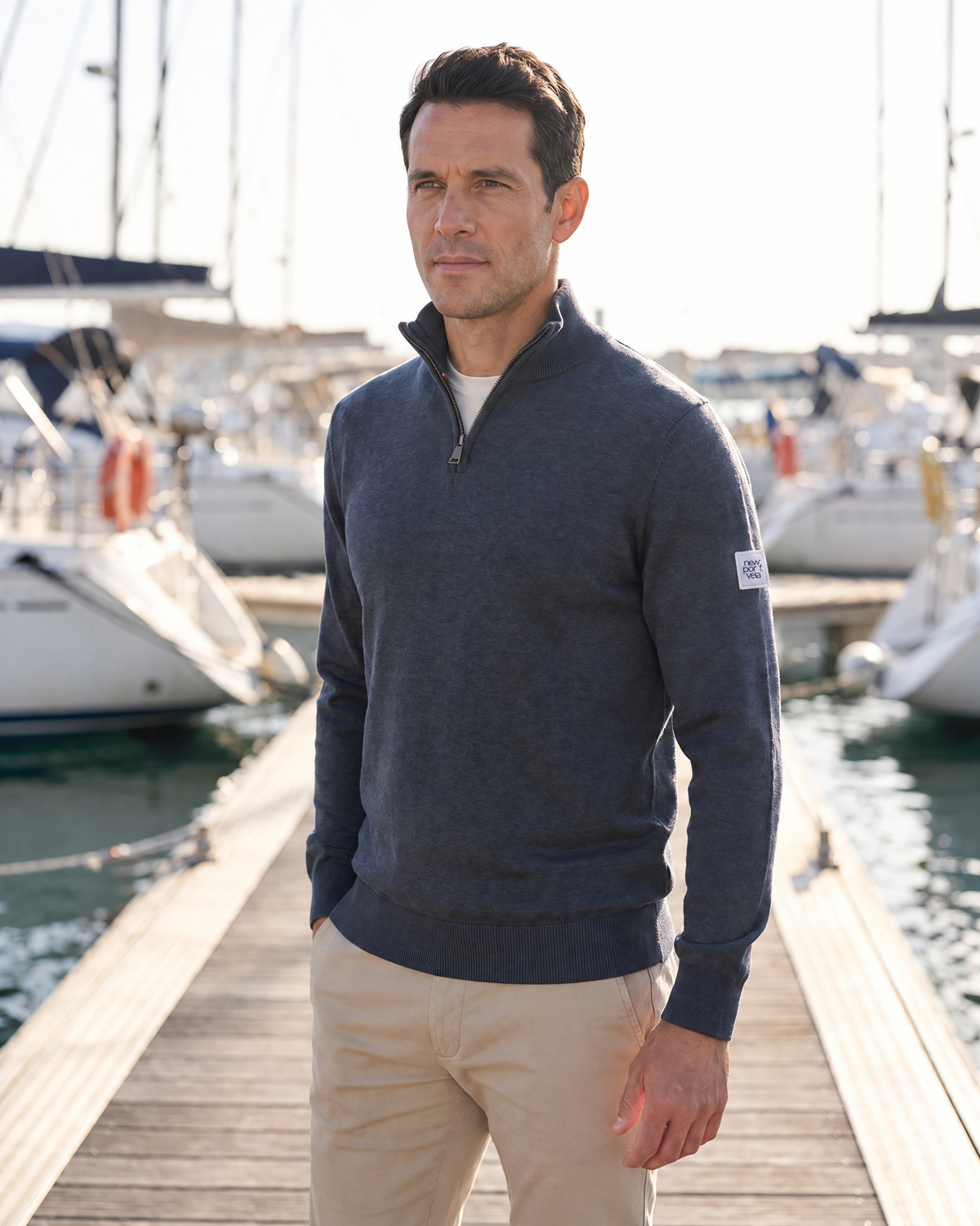Camray Quarter-Zip Sweater, Navy, on model