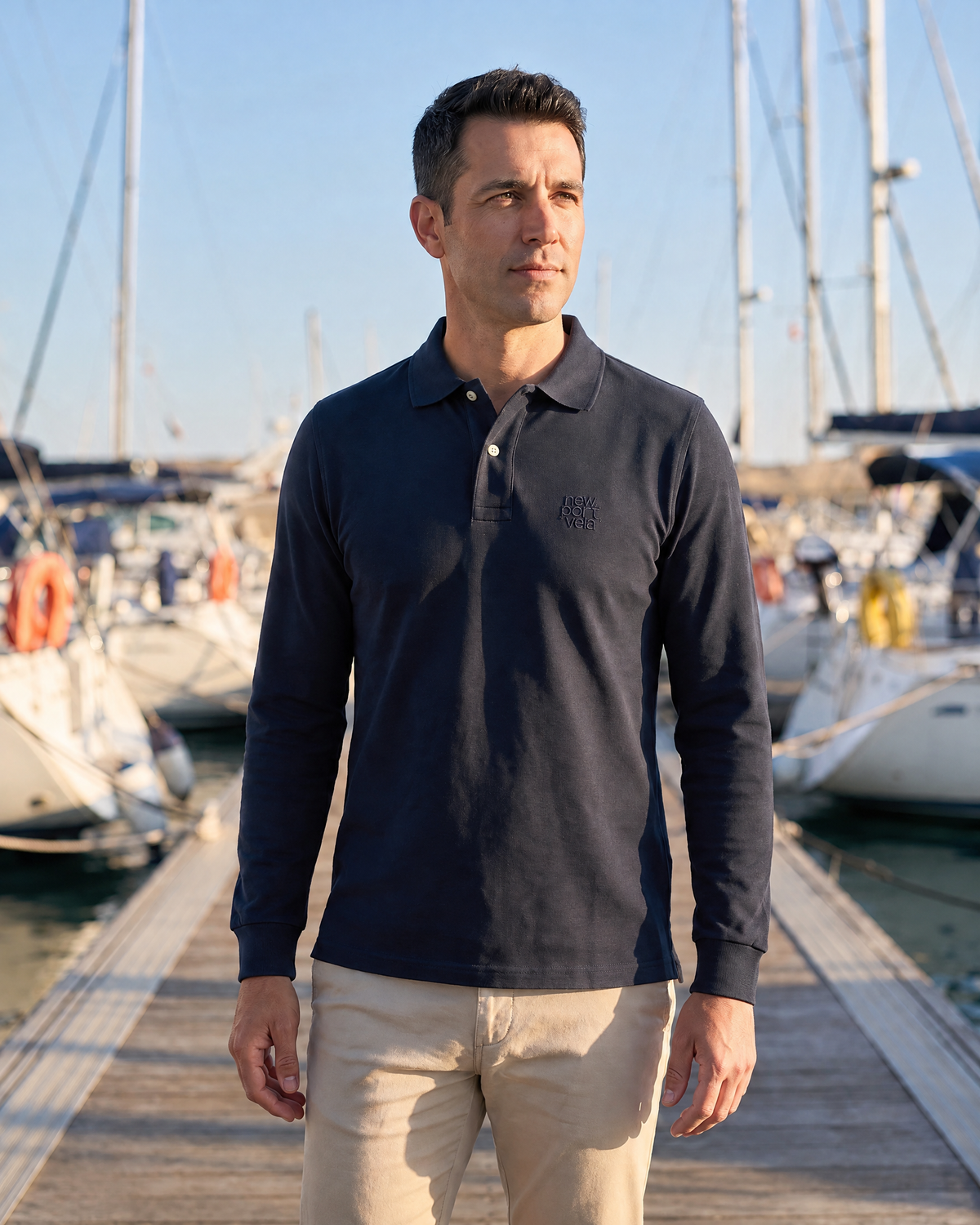Mlnewport Long-Sleeve Piqué Polo, Navy, on model