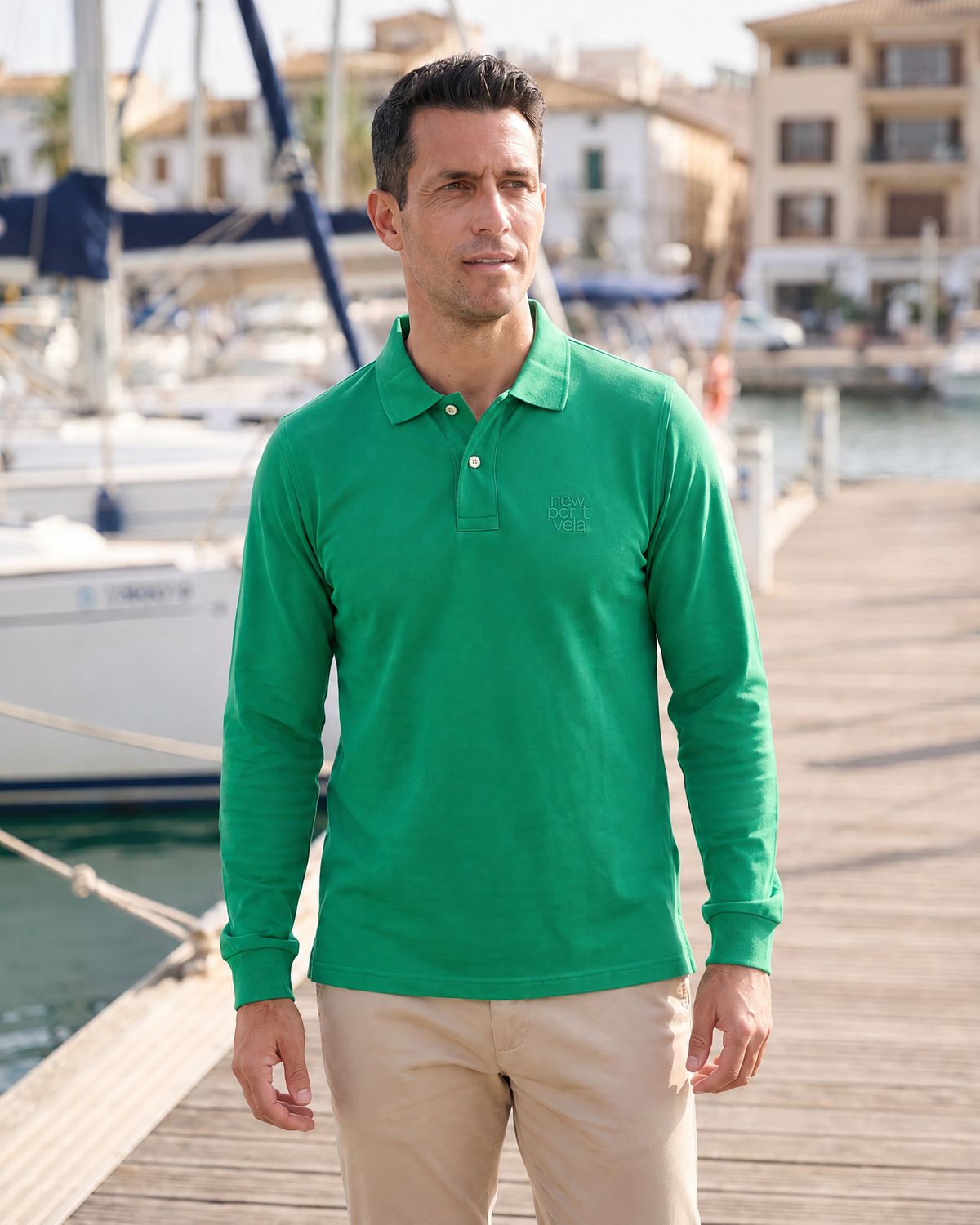 Mlnewport Long-Sleeve Piqué Polo, Meadow green, on model