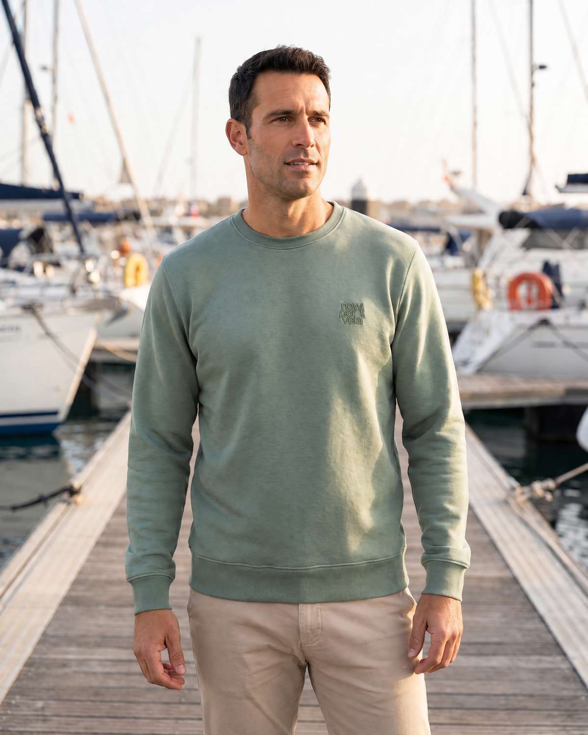 NewPort3D Crewneck Sweatshirt, Laurel green, on model
