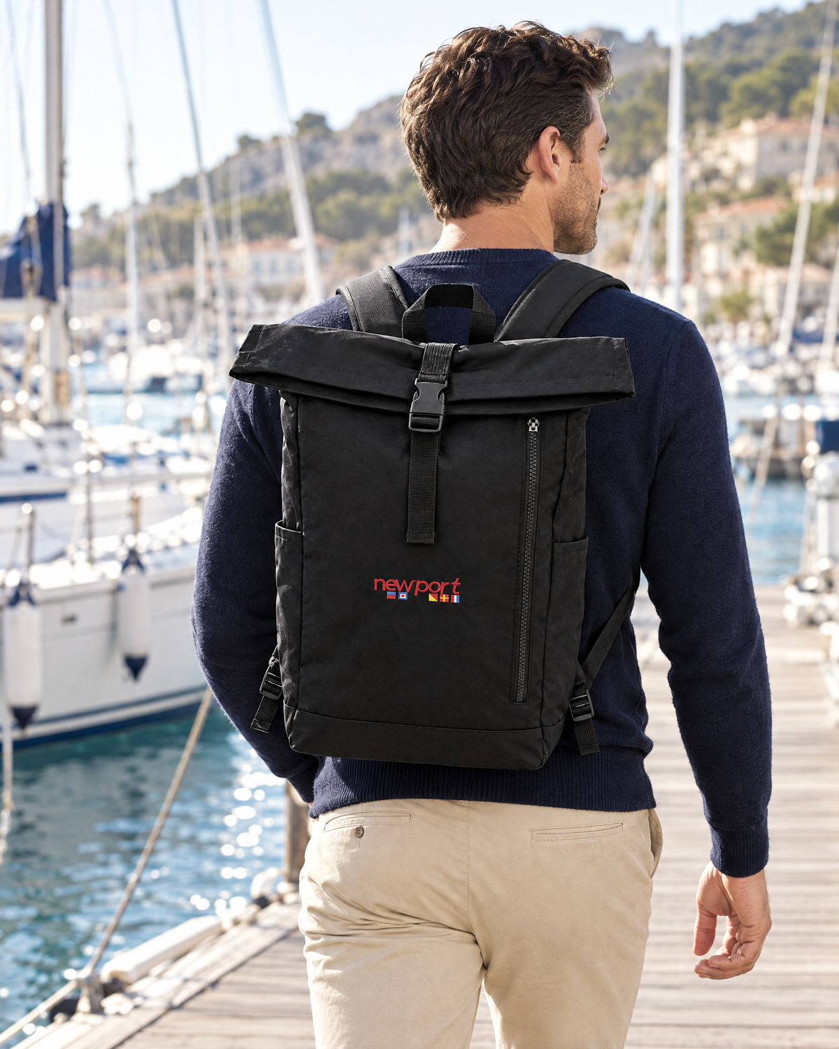 Mironte Roll-Top Backpack, Black, on model