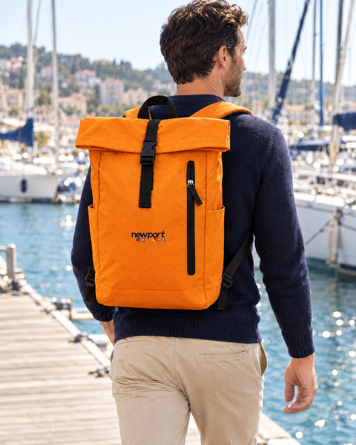 Mironte Roll-Top Backpack, Orange, on model