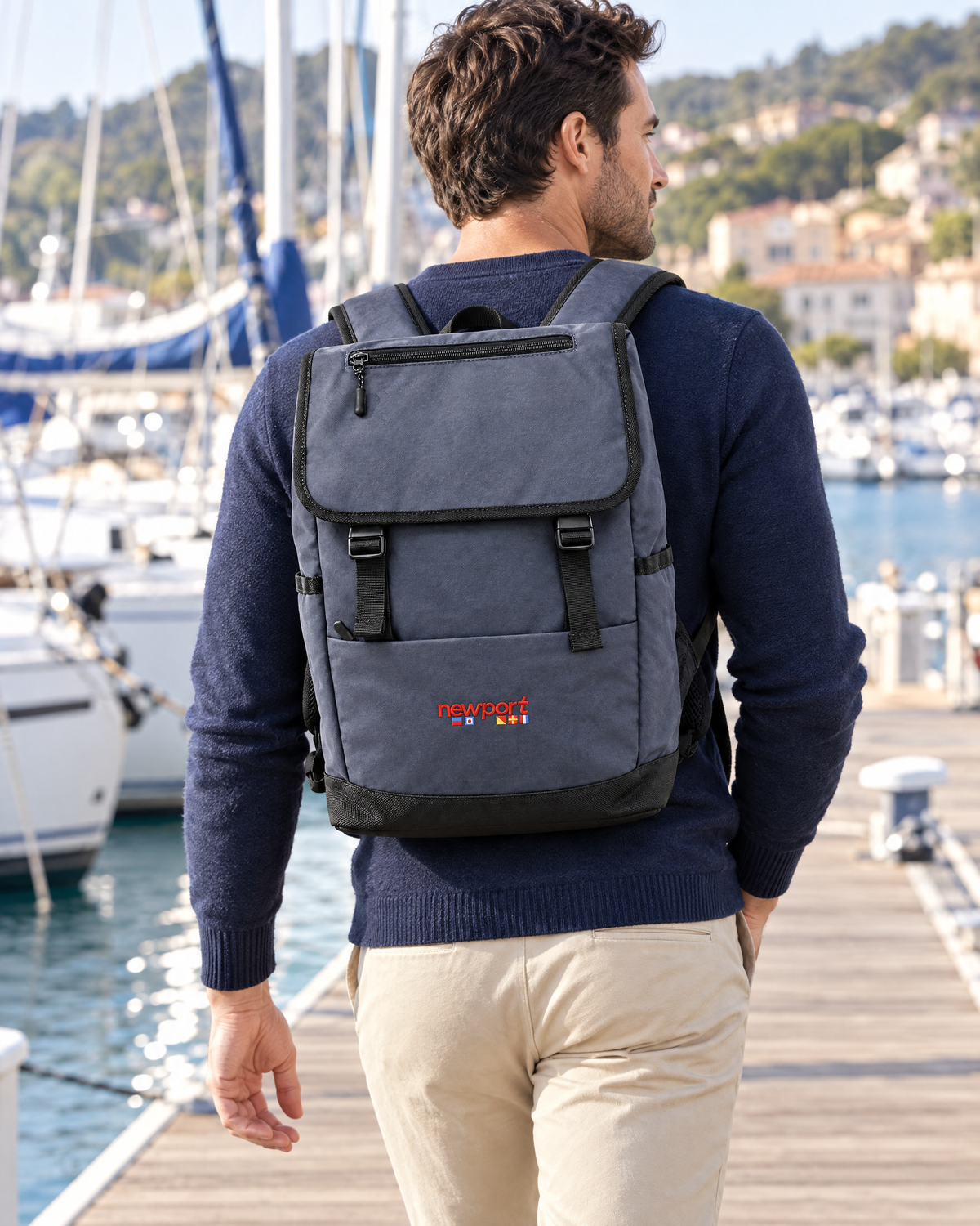 Rois Flap Backpack, Navy, on model