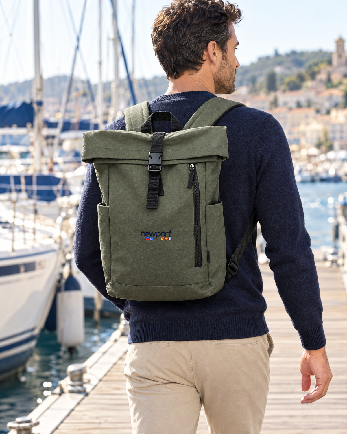 Mironte Roll-Top Backpack, Military green, on model
