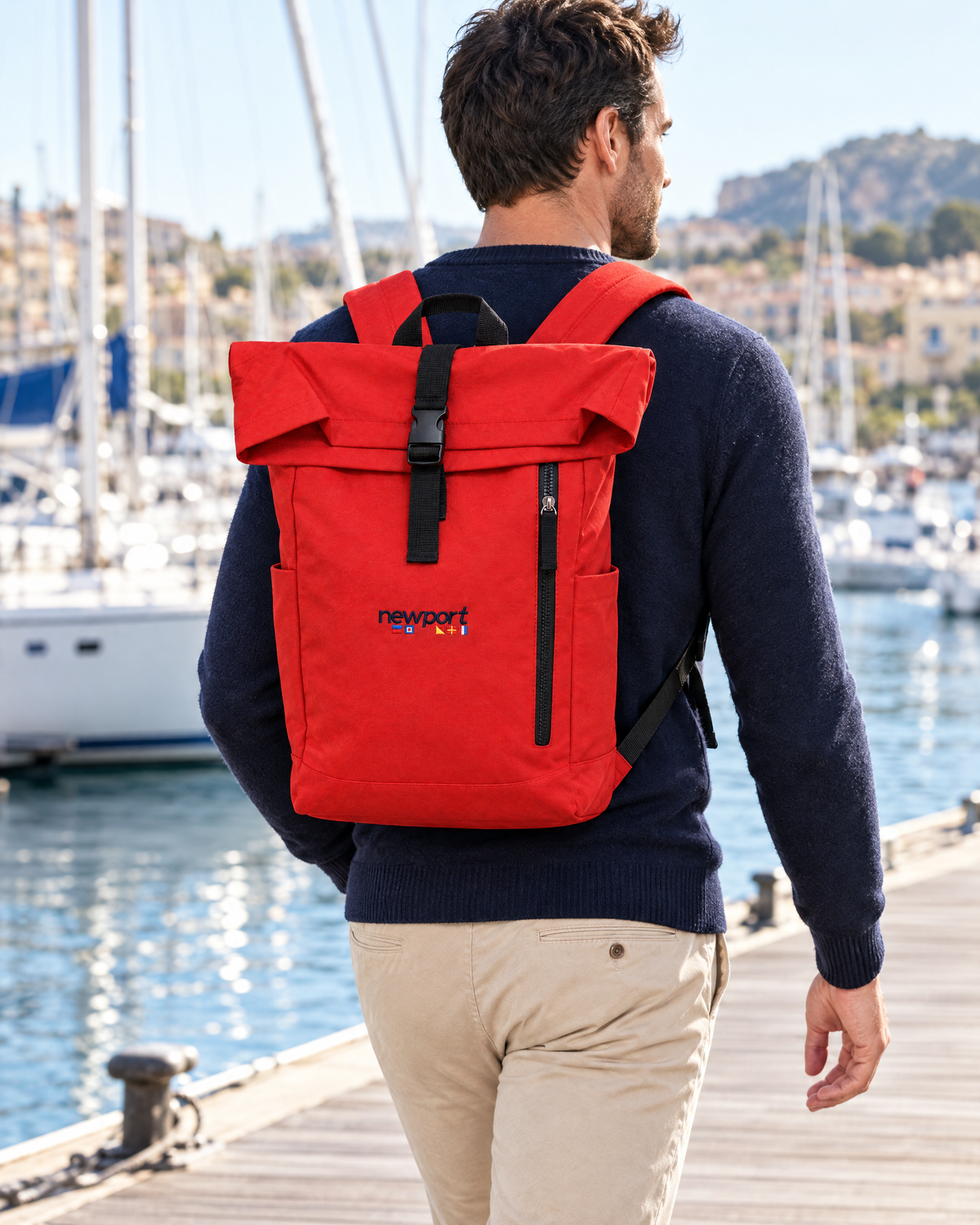Mironte Roll-Top Backpack, Red, on model