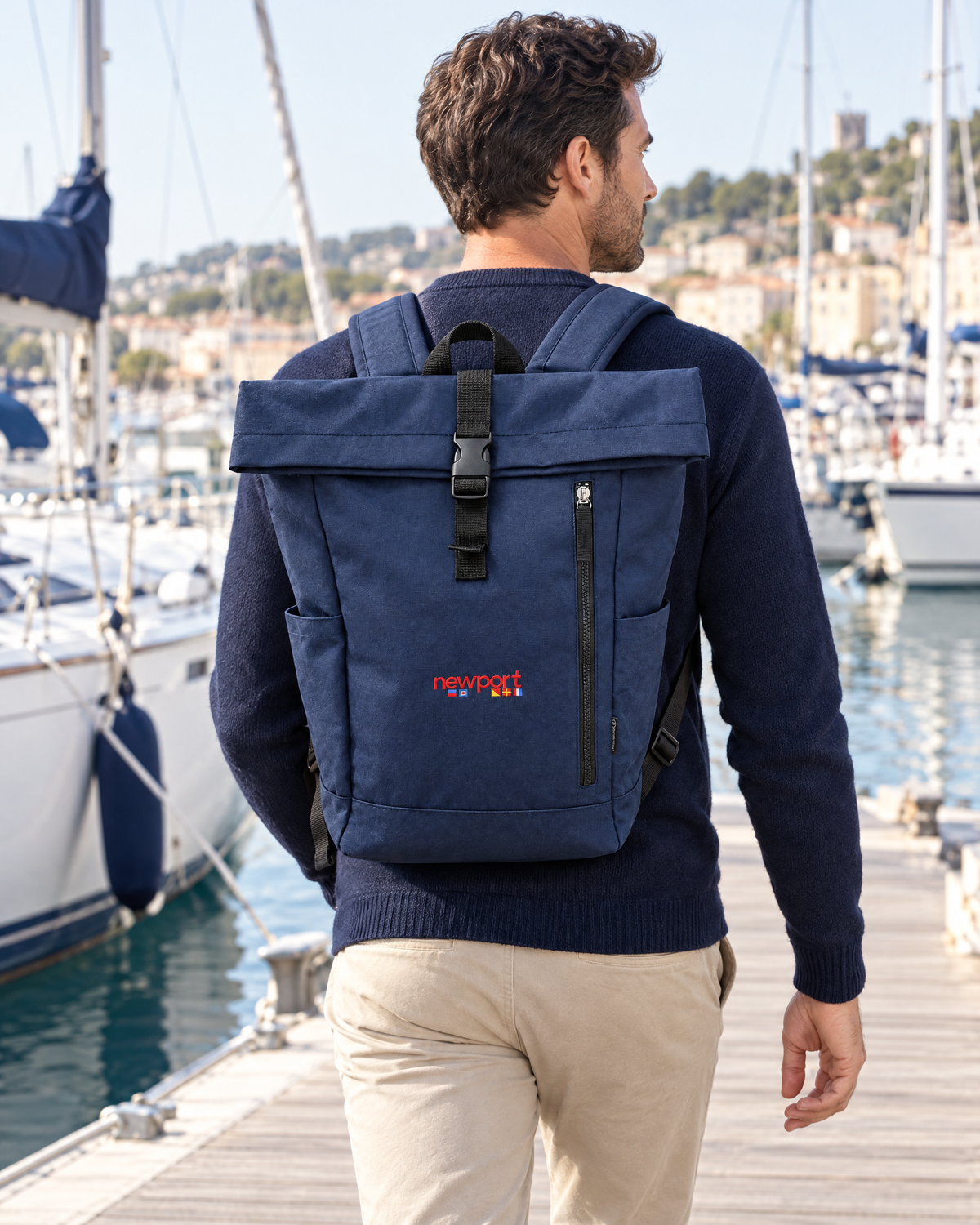 Mironte Roll-Top Backpack, Navy, on model