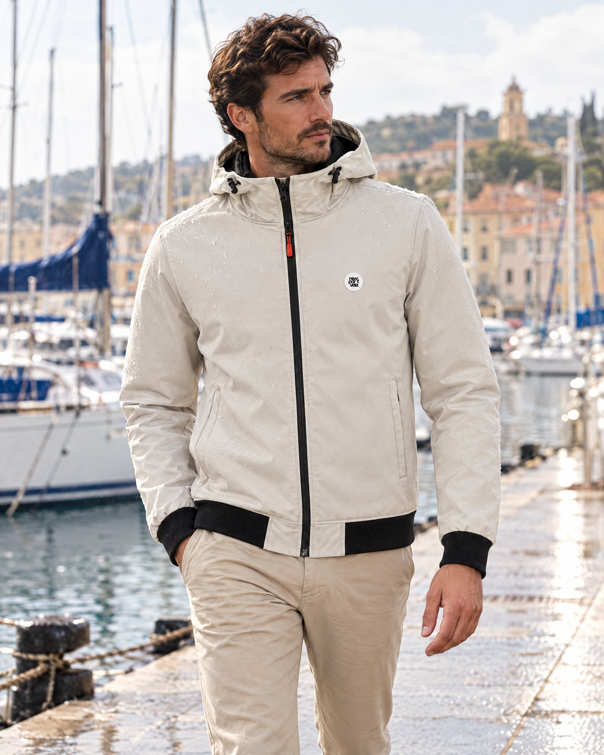 London Waterproof Hooded Jacket, Beige, on model